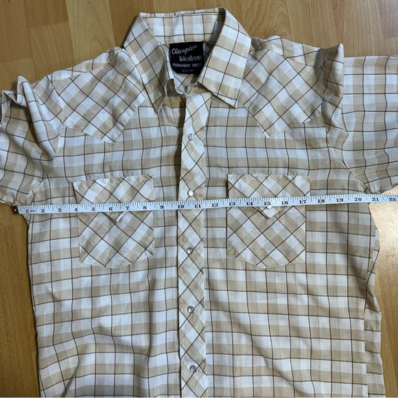 Champion Western Vintage Tan Brown Plaid Pearl Snap Shirt Unisex - Picture 6 of 8